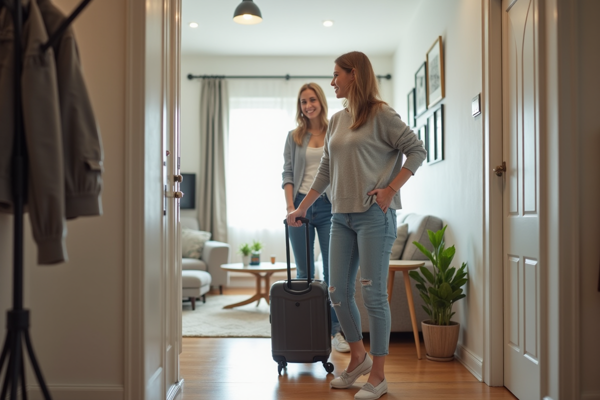 Femme accueillant un invité souriant à l'entrée d'un appartement lumineux