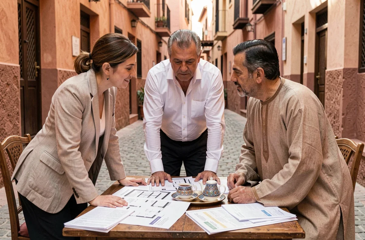 Acheteurs étrangers et agent immobilier marocain discutant des démarches fiscales pour l'achat d'un riad à Marrakech en terrasse de café