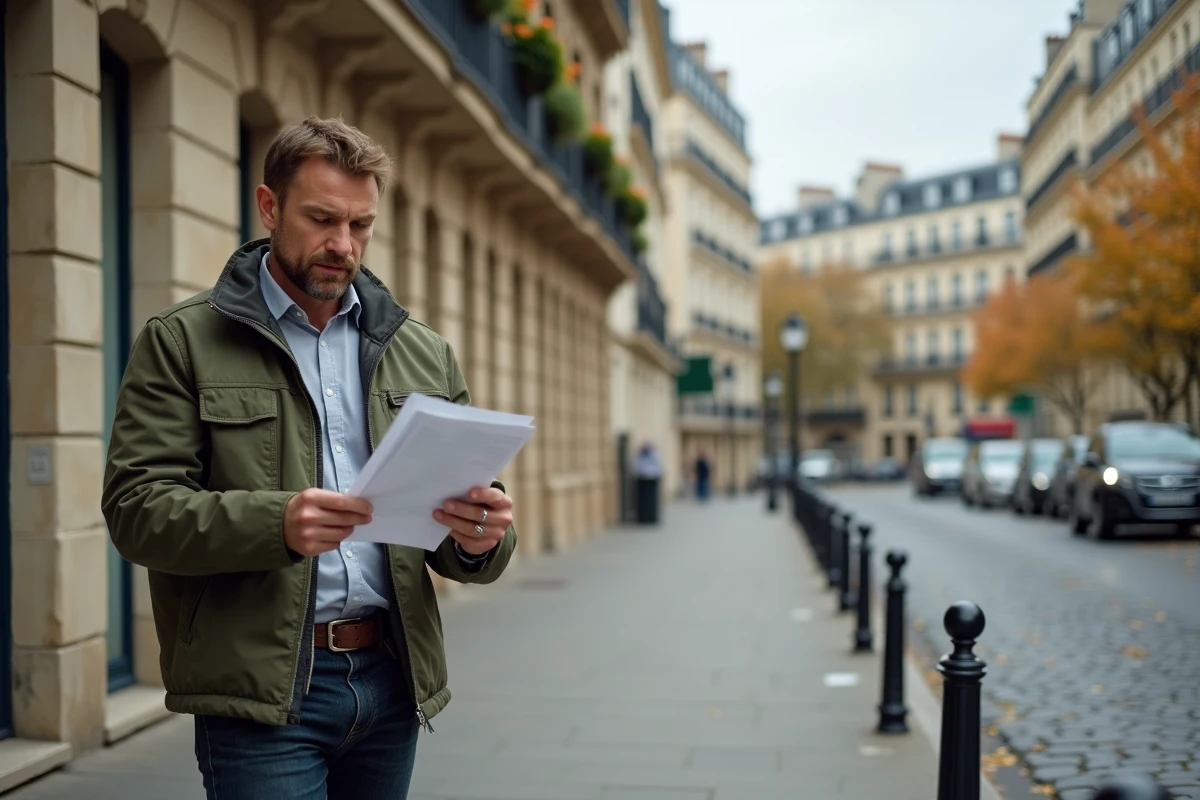 Acquéreur immobilier examinant une annonce devant un immeuble haussmannien à Paris