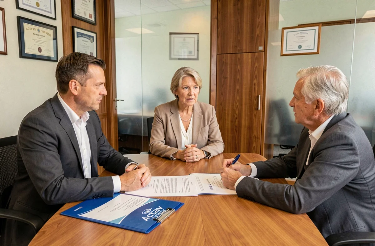 Gestionnaire Actav Syndic en réunion avec un couple de copropriétaires autour d'un contrat de gestion dans une salle de réunion professionnelle à Rennes