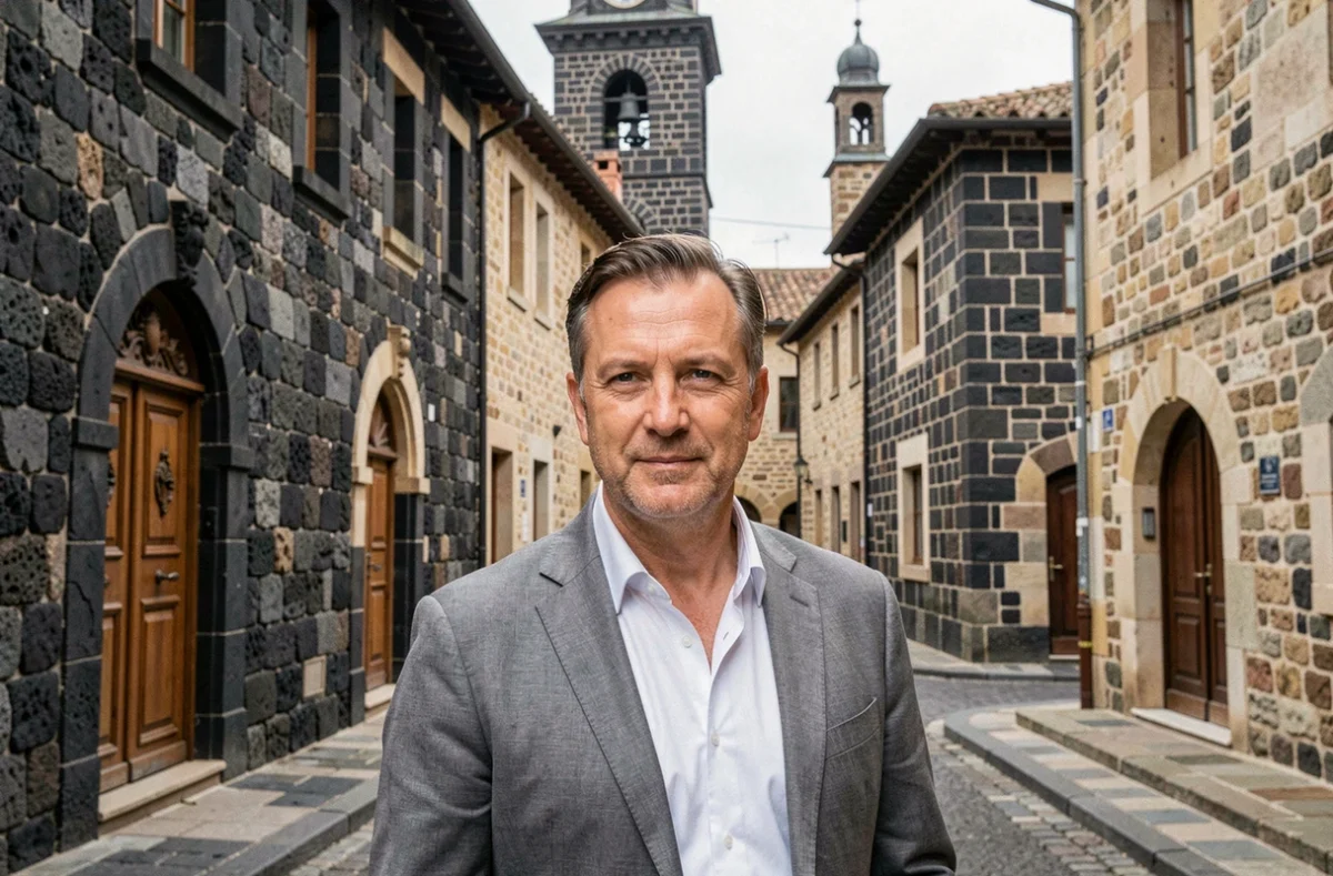 Agent Castel Immobilier devant les façades en pierre de lave du centre historique de Riom en Auvergne