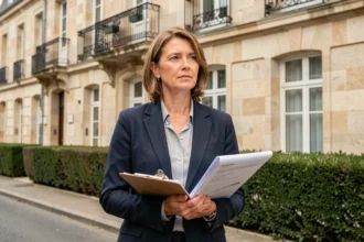 Gestionnaire locative professionnelle devant un immeuble résidentiel en pierre de Loire, tenant des documents de gestion immobilière