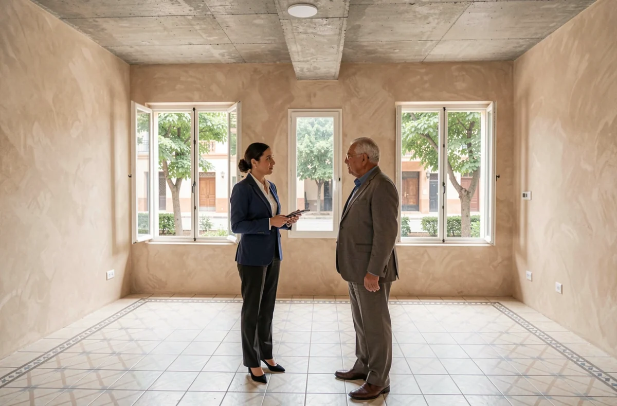 Agent immobilière présentant un appartement vide à vendre dans le quartier Guéliz de Marrakech à un retraité