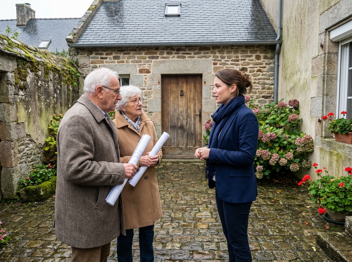 Agent immobilier discutant avec des clients devant une maison en Bretagne