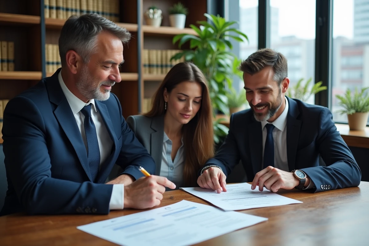 Agent immobilier avec couple examinant un rapport immobilier