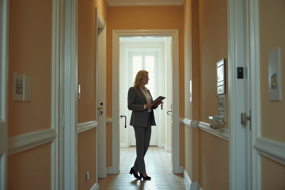 Agent immobilier devant la porte d'un appartement avec une clé pendant la période de préavis locatif