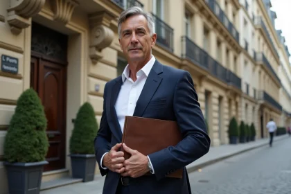 Agent immobilier élégant devant un immeuble haussmannien parisien de luxe, tenant un portfolio professionnel