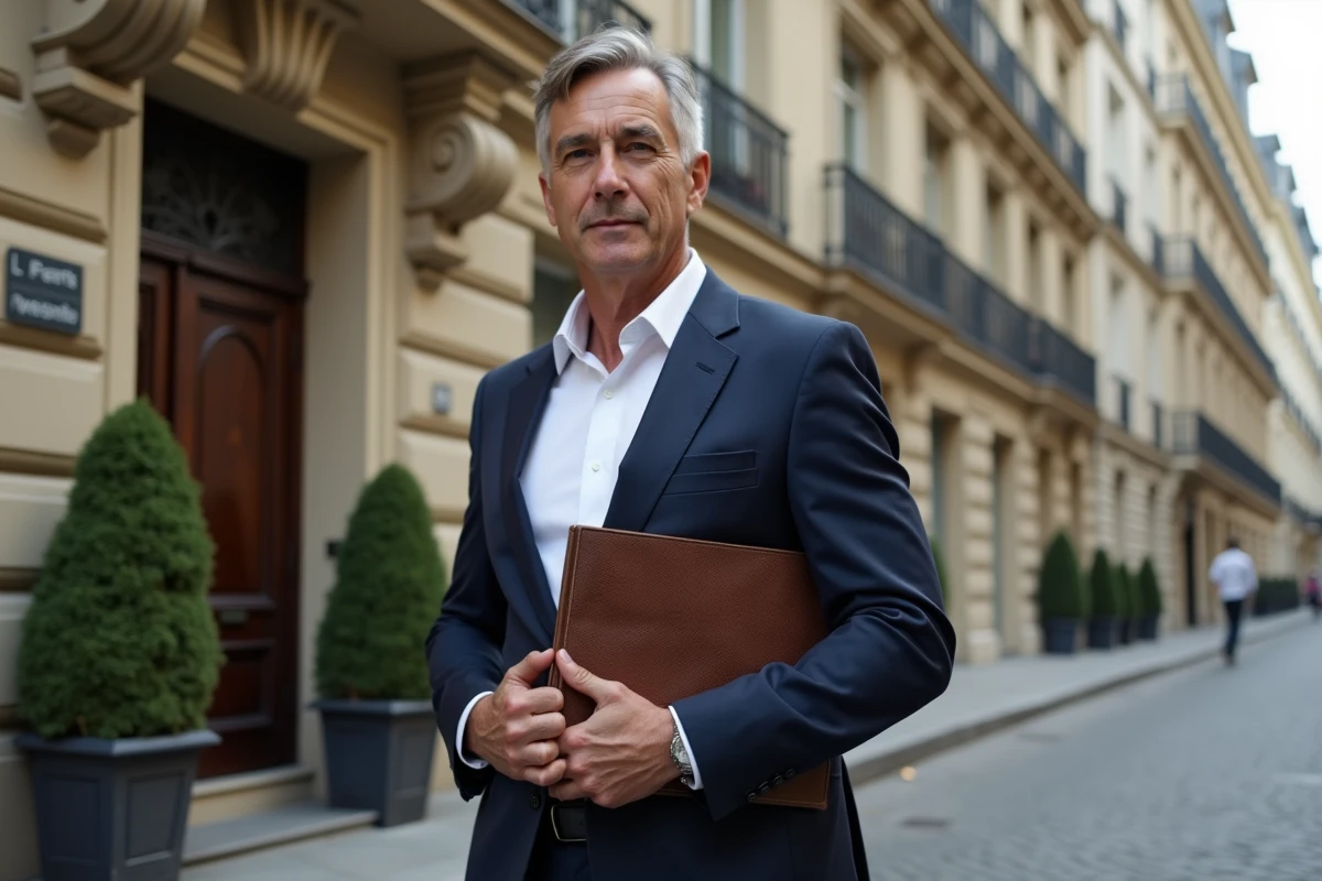 Agent immobilier élégant devant un immeuble haussmannien parisien de luxe, tenant un portfolio professionnel