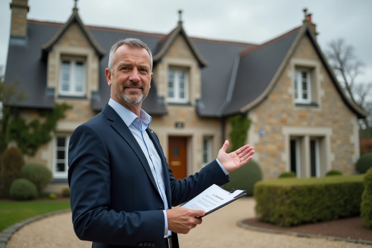 Agent immobilier devant une maison en pierre normande à vendre avec panneau de vente dans le Calvados