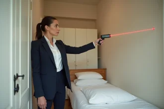 Agent immobilier mesurant la superficie d'une petite chambre avec un mètre laser, illustrant la loi Carrez et la surface minimum réglementaire