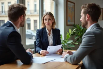 Agent immobilier Orpi présentant des documents à des clients dans une agence parisienne moderne
