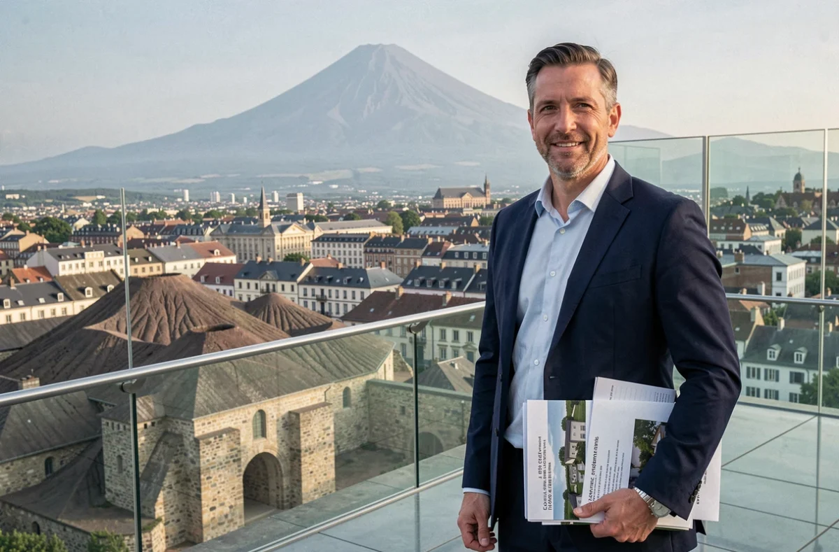 Agent immobilier professionnel devant le panorama de Clermont-Ferrand avec le Puy de Dôme en arrière-plan