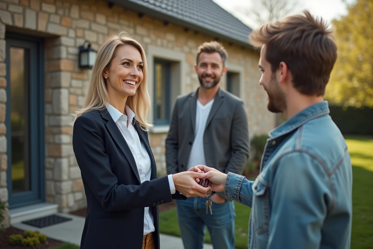 Agent immobilier souriante remettant des clés à un couple devant une maison