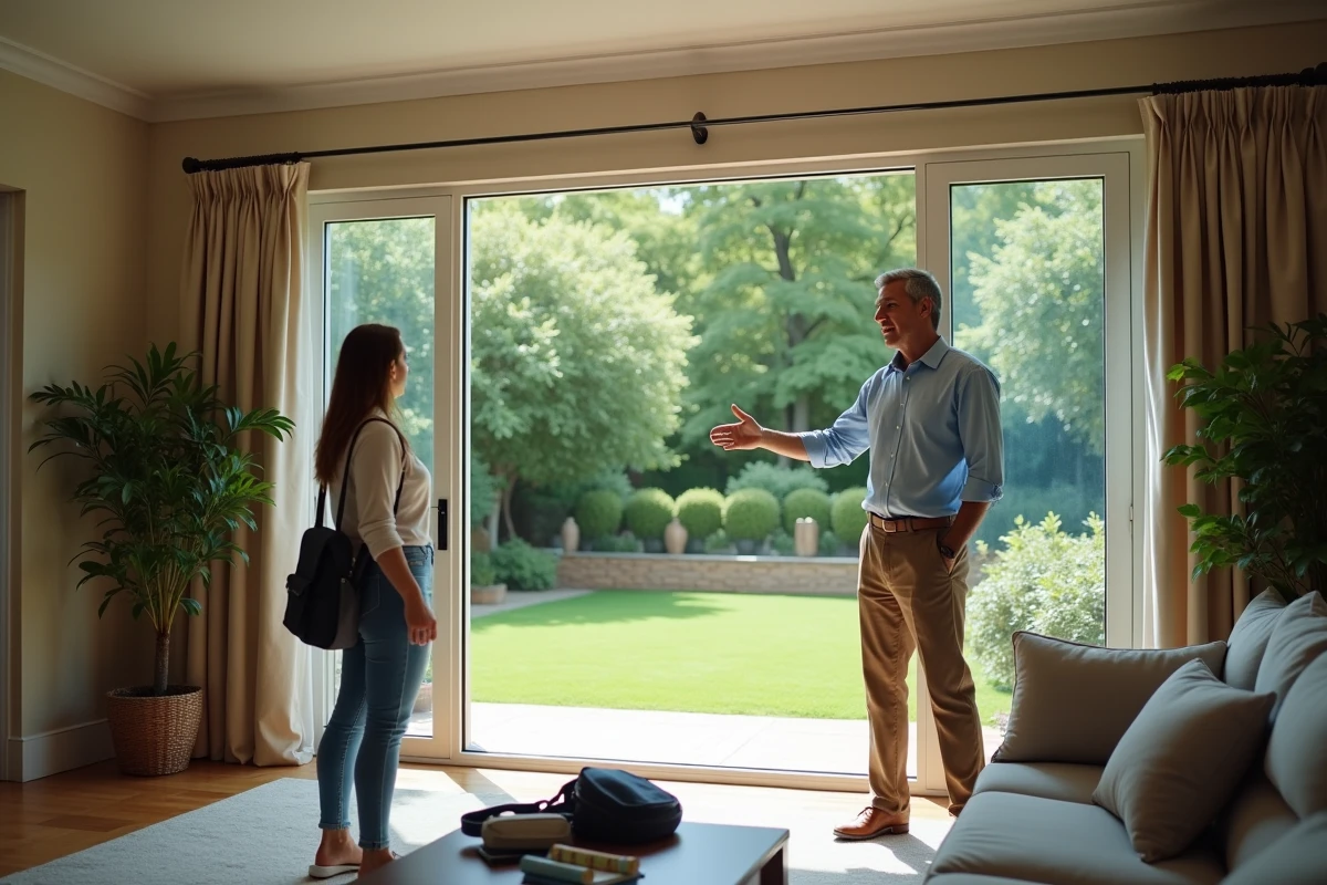 Agent immobilier montrant un salon avec jardin extérieur