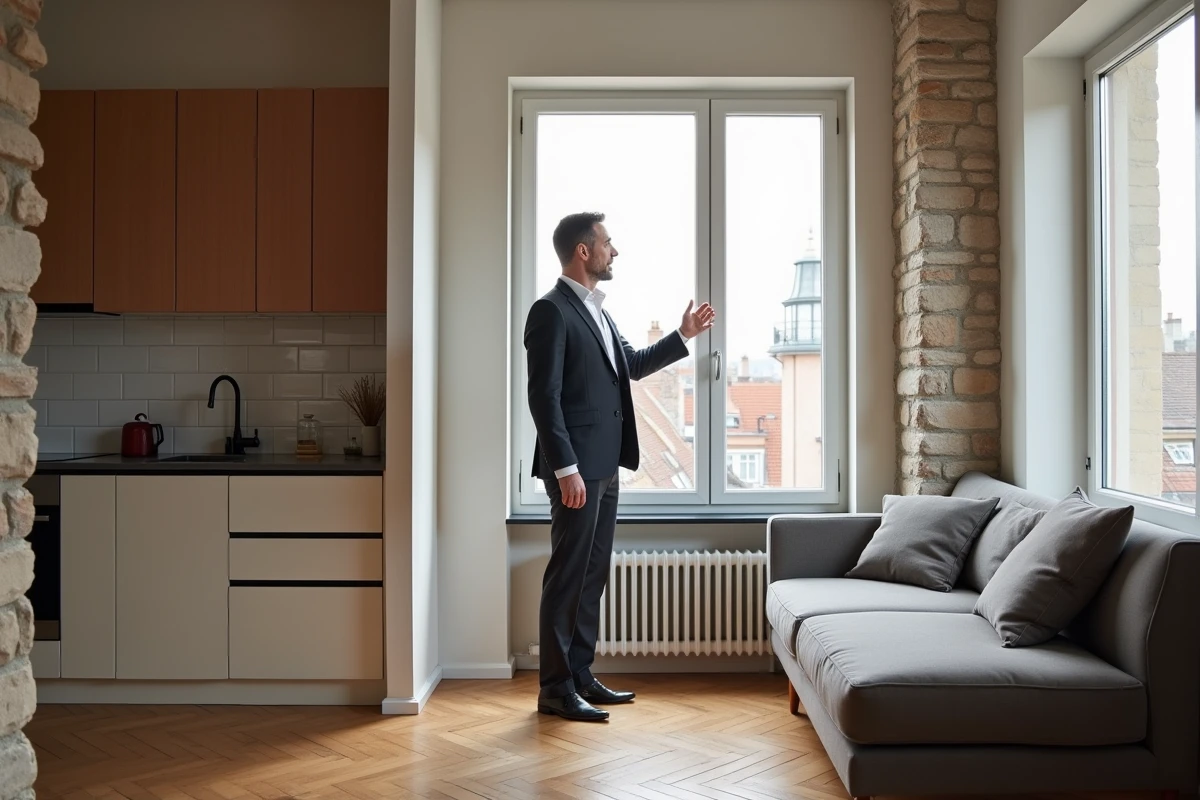 Agent immobilier présentant un T1 bis bien agencé avec alcôve et fenêtre sur toits dans un appartement parisien rénové