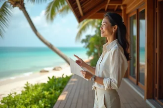 Agent immobilier thaïlandaise présentant une villa en bord de mer à Koh Samui avec vue sur la plage
