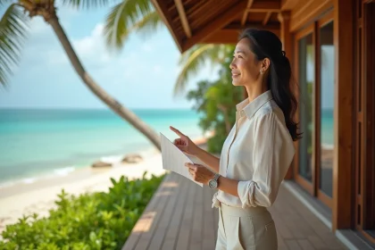 Agent immobilier thaïlandaise présentant une villa en bord de mer à Koh Samui avec vue sur la plage