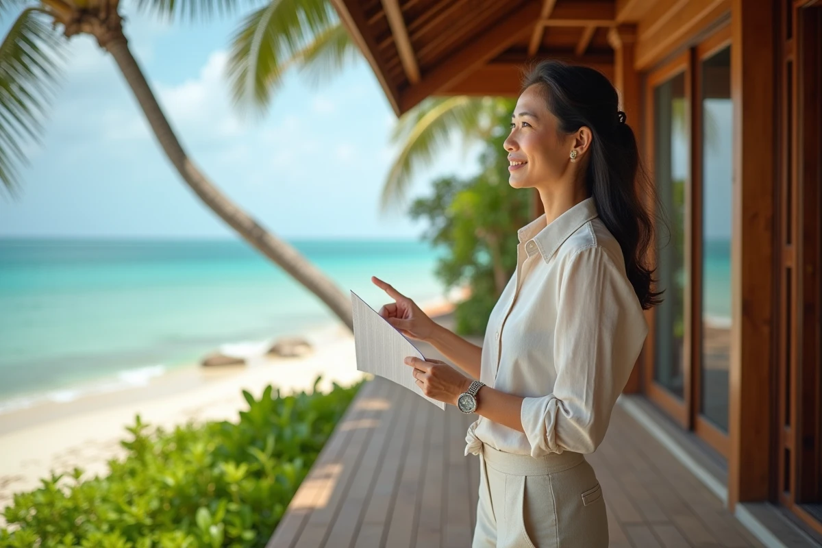 Agent immobilier thaïlandaise présentant une villa en bord de mer à Koh Samui avec vue sur la plage