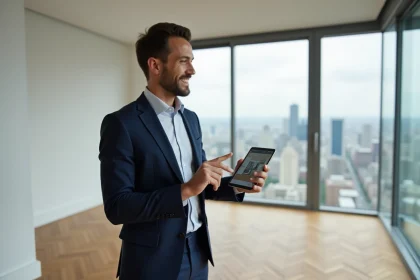 Agent immobilier tenant une tablette affichant une visite virtuelle 360 degrés dans un appartement moderne vide