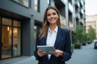 Agente immobilière tenant une tablette avec des annonces devant un immeuble résidentiel moderne en milieu urbain