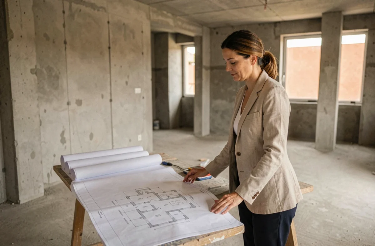 Agente immobilière consultant des plans d'une villa en VEFA à Marrakech en cours de construction