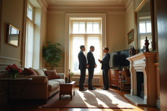 Couple élégant discutant avec agent immobilier dans appartement historique
