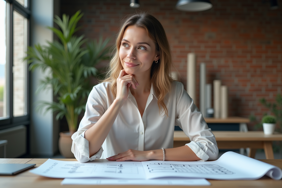 Jeune architecte examine plans et documents