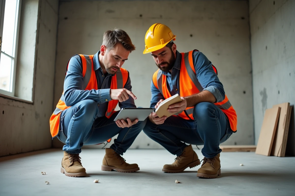 Deux artisans du bâtiment consultant une estimation de rentabilité de chantier sur tablette dans un appartement parisien en rénovation