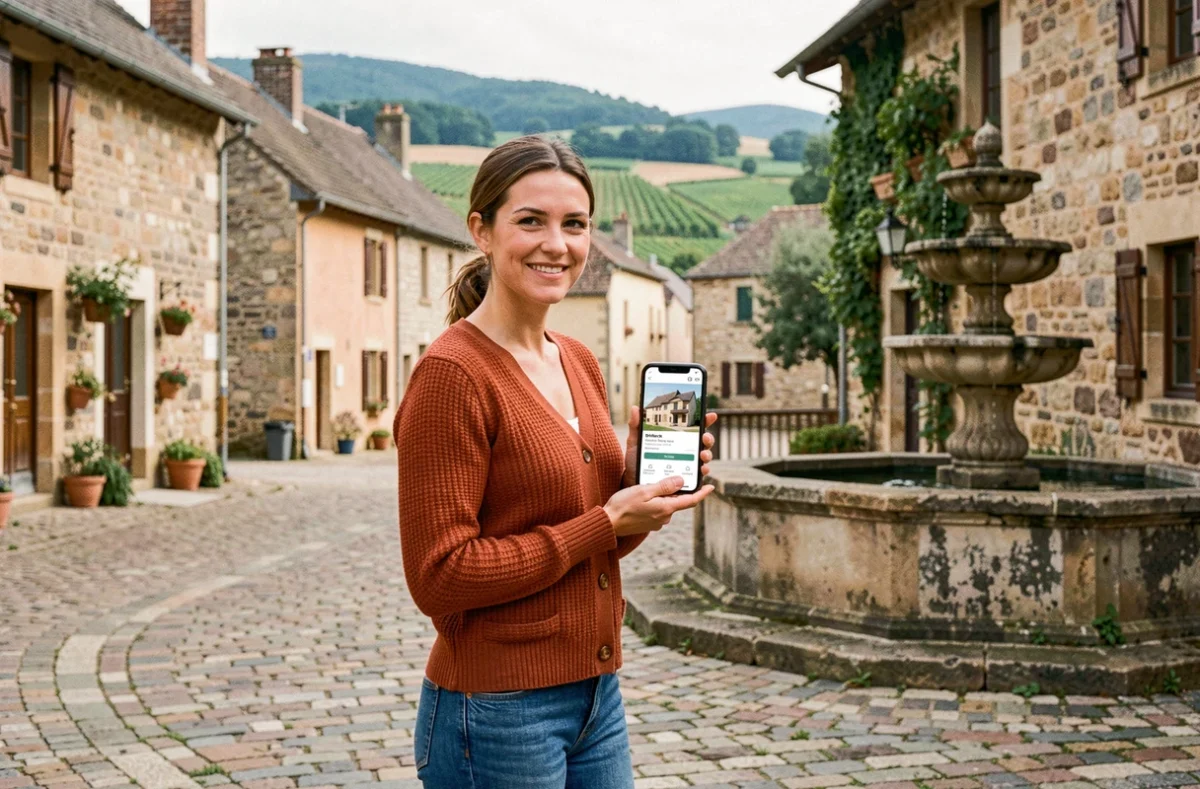 Aurore Fernandez, mandataire immobilier, sur la place du village de Mirefleurs avec les collines auvergnates en arrière-plan