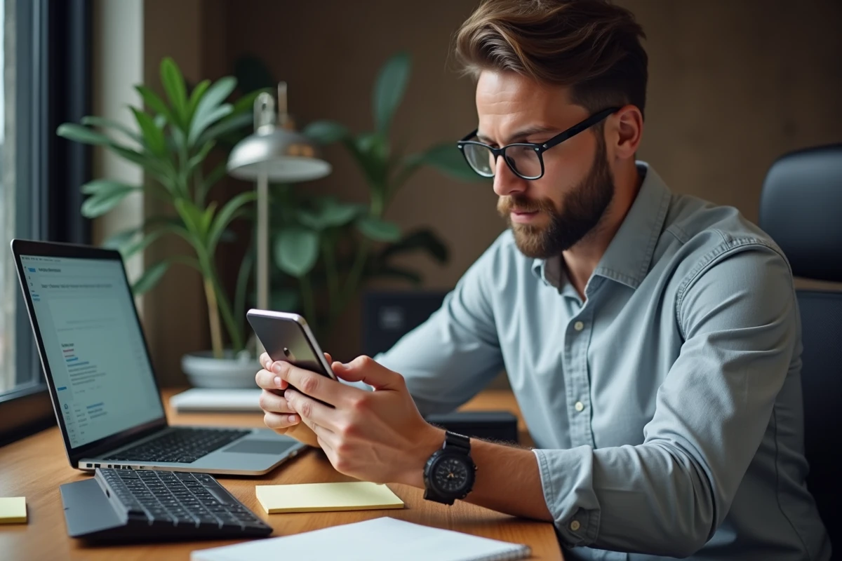 Homme configurant une authentification à deux facteurs sur smartphone dans un espace de coworking pour protéger des données clients