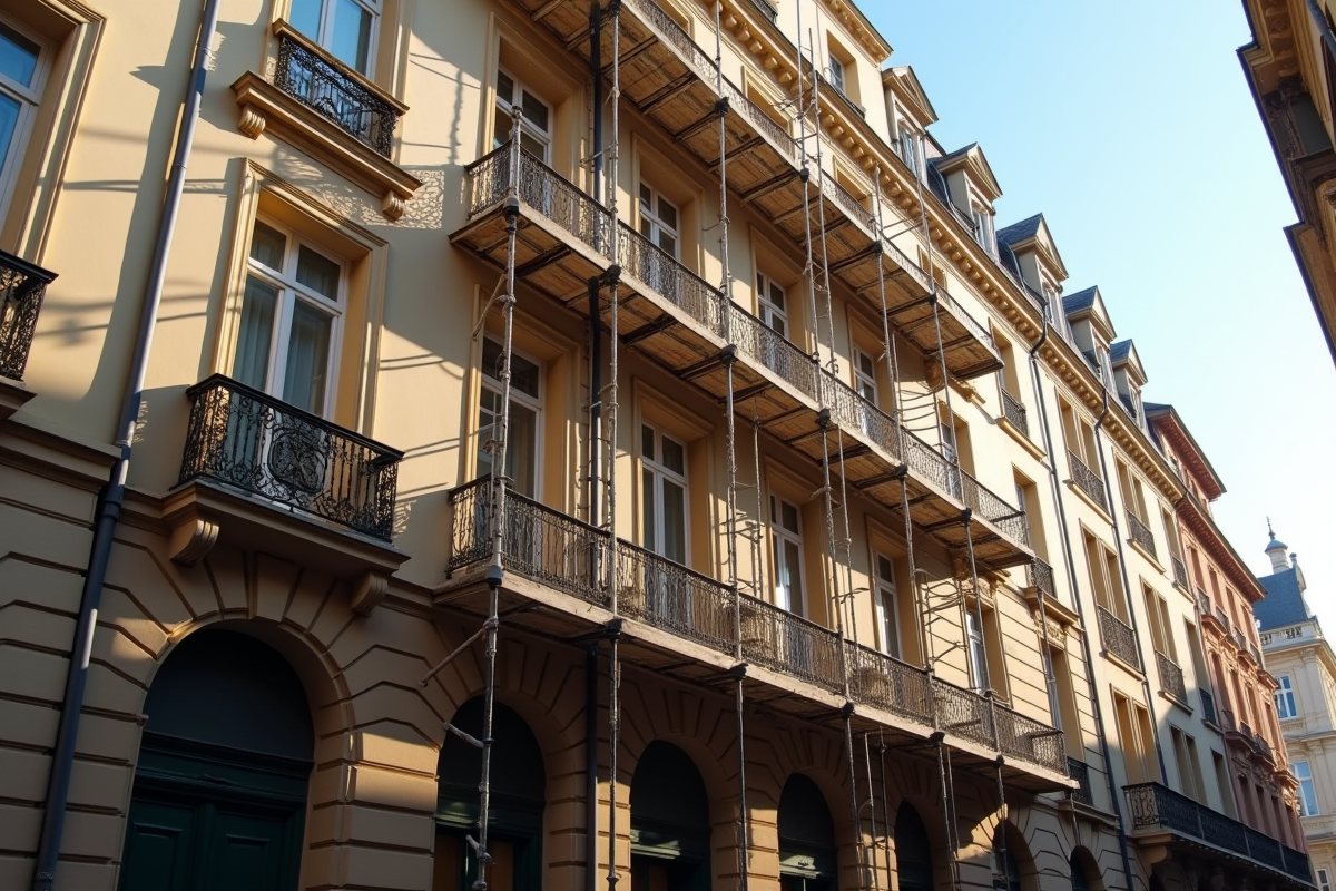Ancien bâtiment avec façade ornée en rénovation dans une ville européenne