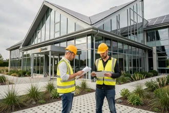 Façade moderne du bâtiment Parallèle Enedis avec panneaux solaires intégrés et professionnels de l'énergie consultant des plans numériques