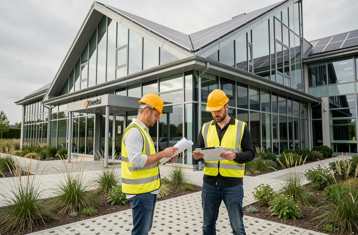 Façade moderne du bâtiment Parallèle Enedis avec panneaux solaires intégrés et professionnels de l'énergie consultant des plans numériques