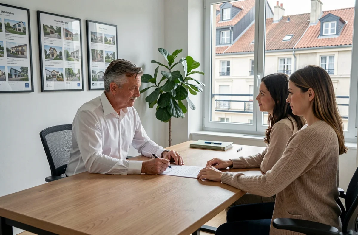 Agent immobilier en agence de gestion locative dans la Loire discutant d'un contrat de location avec des clients
