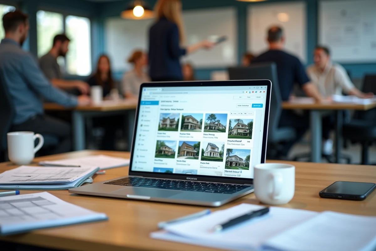 Bureau d'agent immobilier avec ordinateur portable affichant des annonces, documents et smartphone dans une agence dynamique