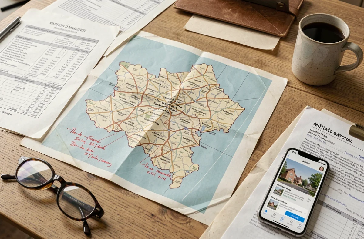 Vue aérienne d'un bureau de notaire avec une carte annotée de l'Île-de-France et des documents d'estimation immobilière