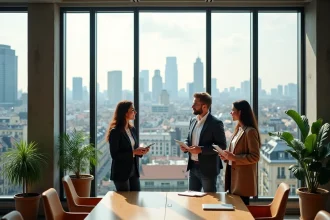 Espace de bureaux moderne en centre-ville avec vue sur skyline urbain et équipe de professionnels en réunion debout
