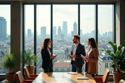 Espace de bureaux moderne en centre-ville avec vue sur skyline urbain et équipe de professionnels en réunion debout