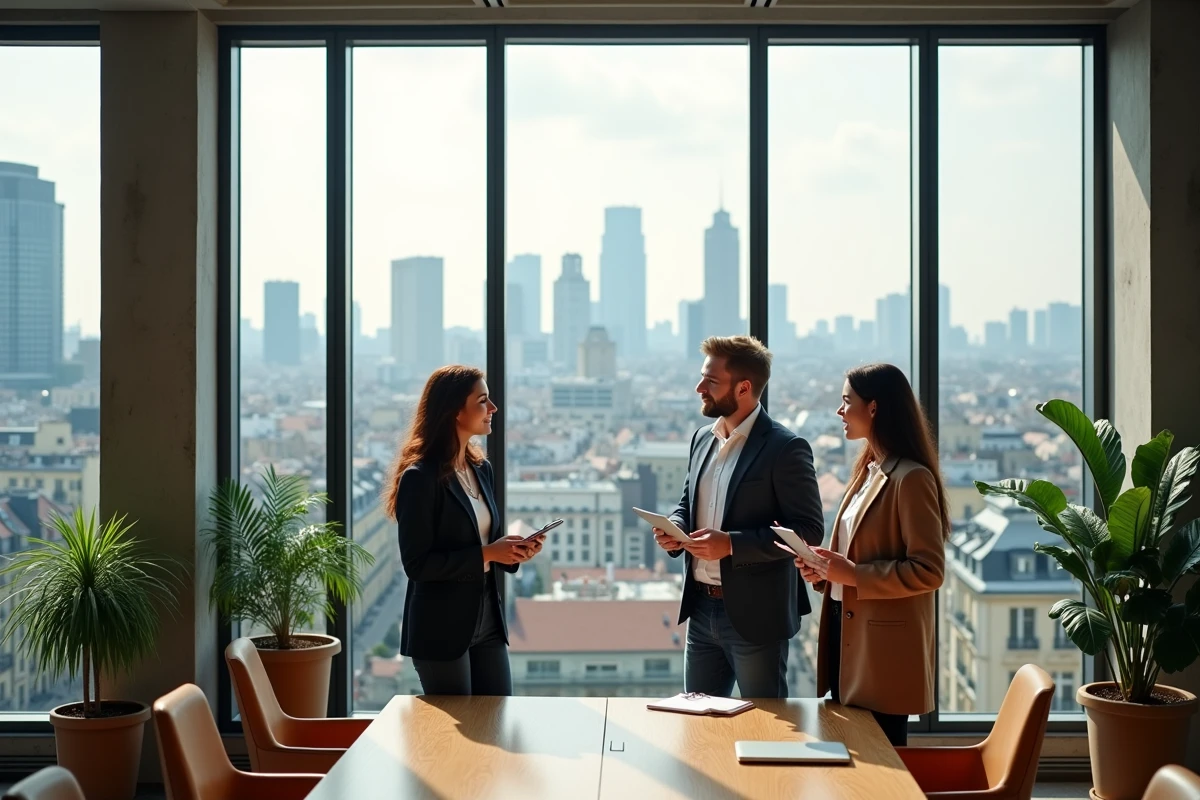 Espace de bureaux moderne en centre-ville avec vue sur skyline urbain et équipe de professionnels en réunion debout
