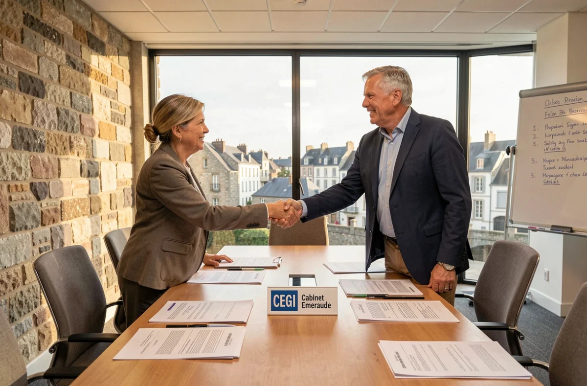 Deux professionnels du Cabinet Emeraude Gestion Immobilière CEGI signant un contrat de syndic dans une salle de réunion avec vue sur la ville