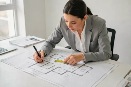 Femme agent immobilier calculant la superficie en m2 sur un plan immobilier avec un mètre ruban et un crayon