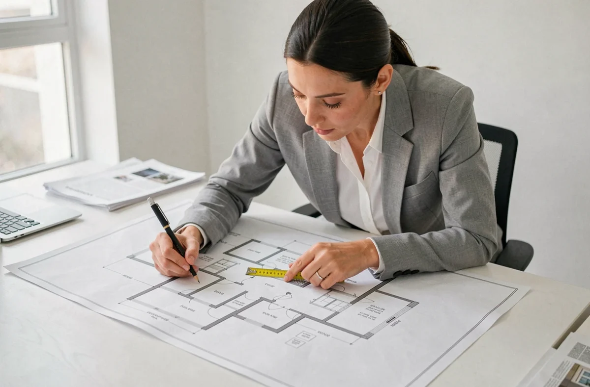 Femme agent immobilier calculant la superficie en m2 sur un plan immobilier avec un mètre ruban et un crayon
