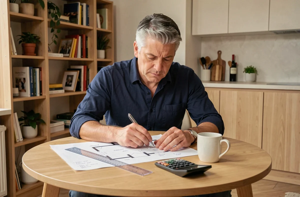 Homme étudiant un plan immobilier avec une règle et une calculatrice pour calculer les surfaces habitables en m2