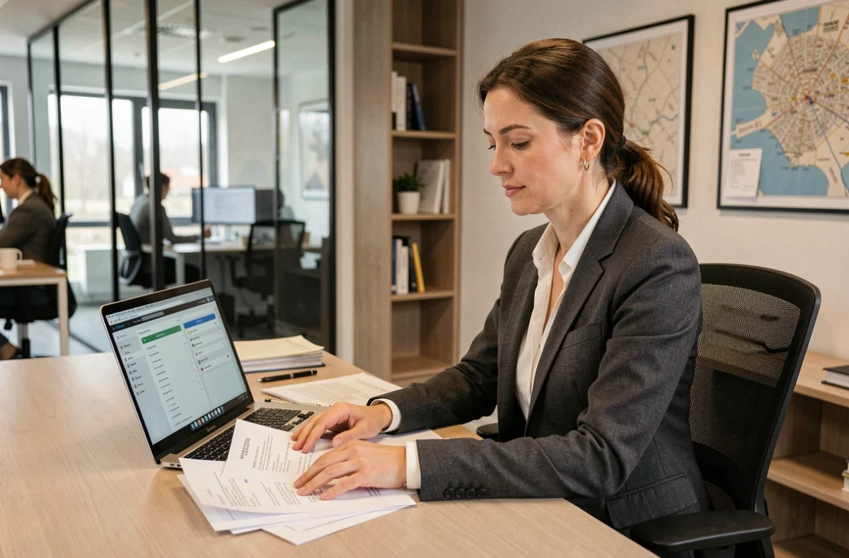 Conseillère immobilière de CBF Conseils examinant des documents de transaction et gestion locative à Clermont-Ferrand