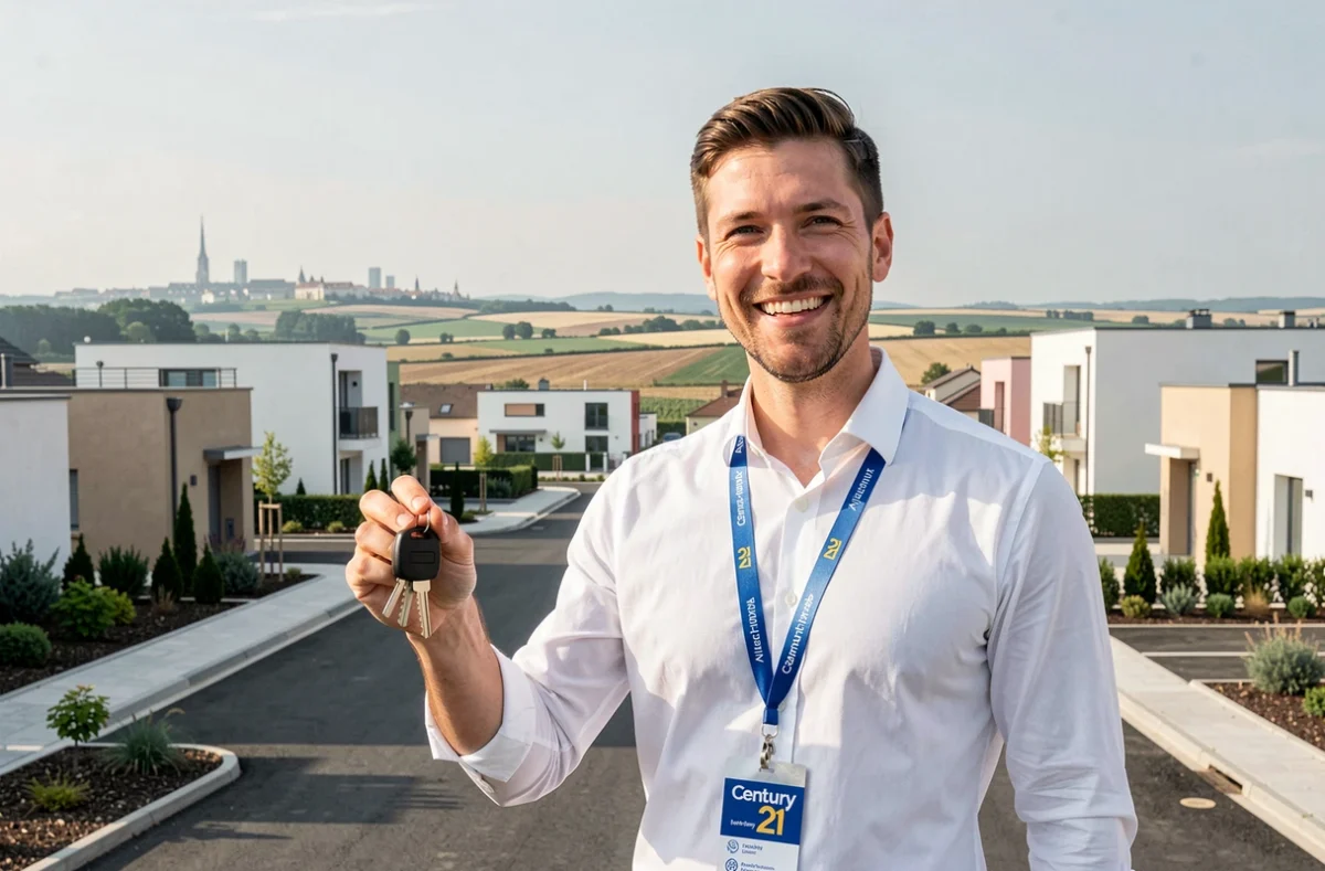Agent Century 21 Cournon-d'Auvergne à l'entrée d'un programme résidentiel neuf avec la plaine de l'Allier et Clermont en arrière-plan