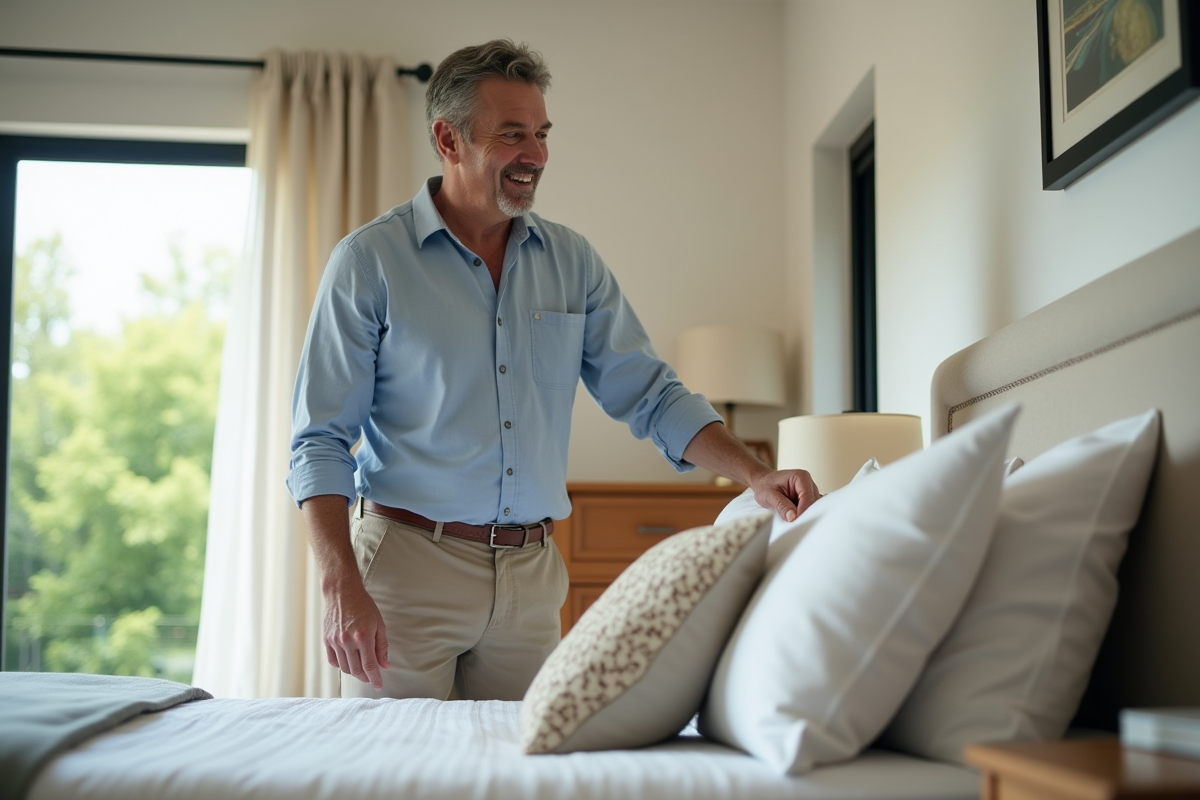 Homme ajustant un coussin dans une chambre d