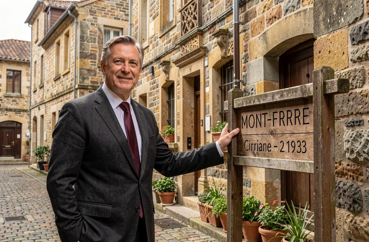 Agent Chanturgue Immobilier devant un bâtiment historique en pierre dans le quartier de Montferrand à Clermont-Ferrand