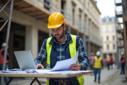 Chef de chantier parisien analysant la rentabilité d'un chantier sur ordinateur portable avec des documents imprimés devant un immeuble haussmannien en rénovation