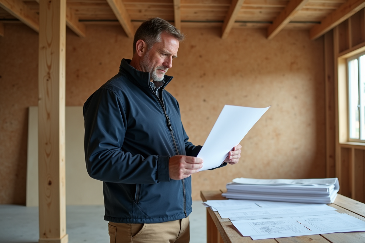 Chef de chantier en pleine lecture de plans sur site