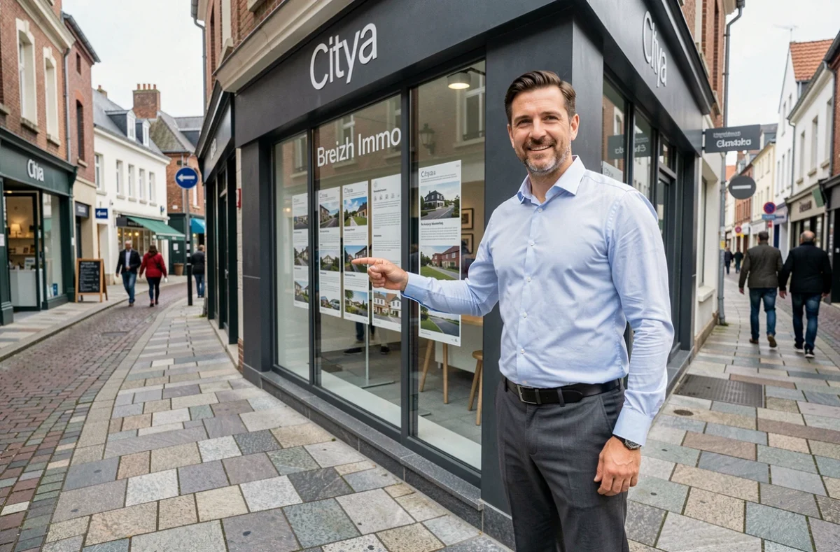 Conseiller immobilier de Citya Breizh Immo devant la vitrine de l'agence à Rennes montrant des annonces de copropriété